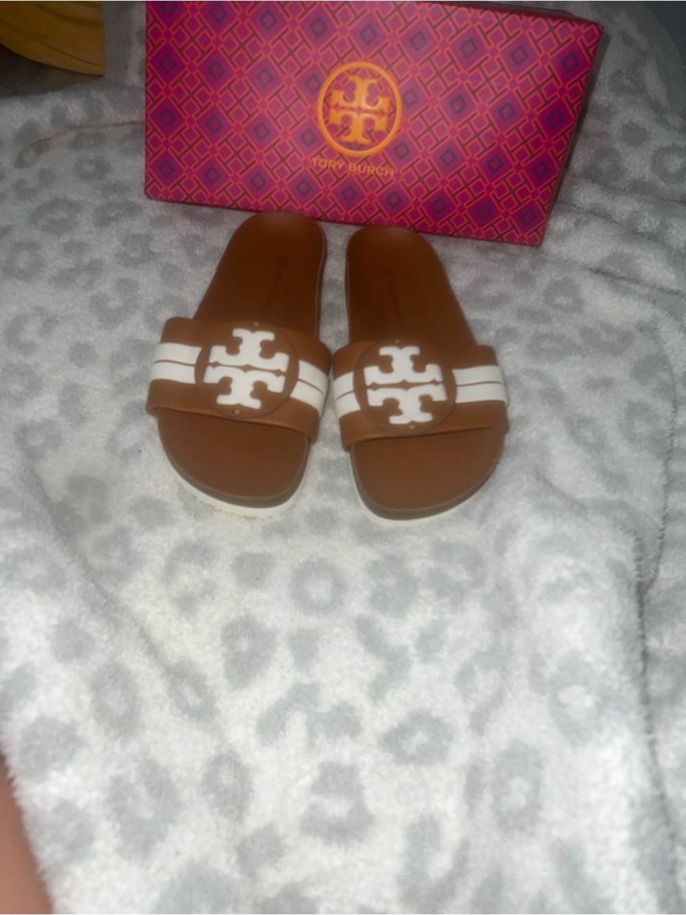 Tory Burch Tan and White Logo Slide Sandals